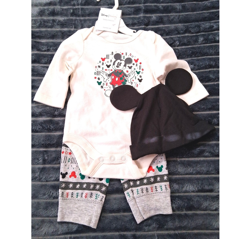 Disney Baby Mickey Mouse 3 Piece Holiday Outfit Long Sleeve Pants Hat Size 3M